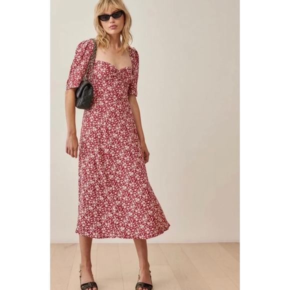 Reformation Floral Red Midi Dress NEW - Picture 1 of 9